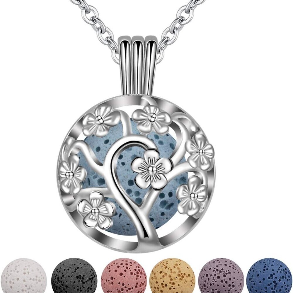 Sakura Tree Aromatherapy Necklace, Essential Oils Diffuser Locket Pendant with 7